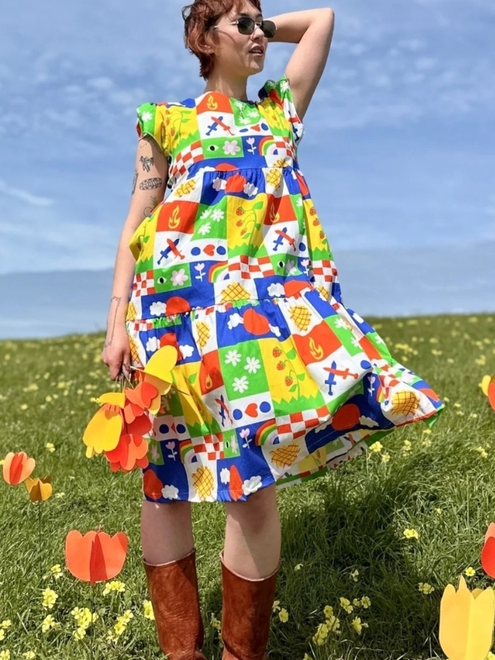 NWT Nooworks Frida Dress Ève Gentilhomme Colorful Patchwork Cotton Large